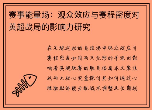 赛事能量场：观众效应与赛程密度对英超战局的影响力研究